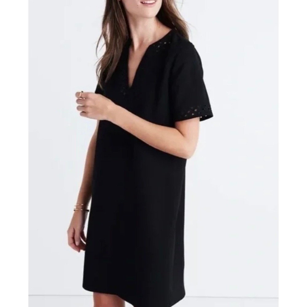MADEWELL A-Line Shirt Dress Cut-Out‎ Details Black Short Sleeve V-Neck Women's 0